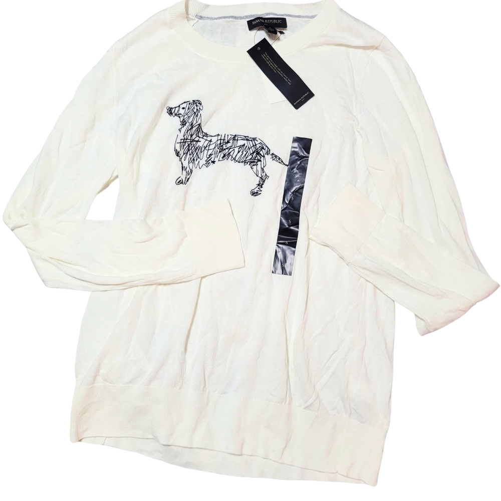Banana Republic Breezy Cream Sweater with Dog Sketch